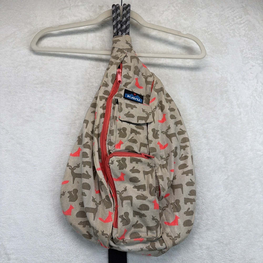 KAVU Rope Sling Bag Beige Cattitude Cat Print Crossbody Backpack